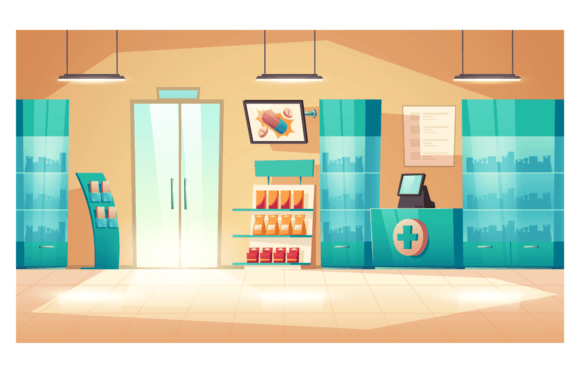 Download Pharmacy Interior, Modern Drugstore with Counter, Medical Products, and Vitamins on Shelves - Modern Collection